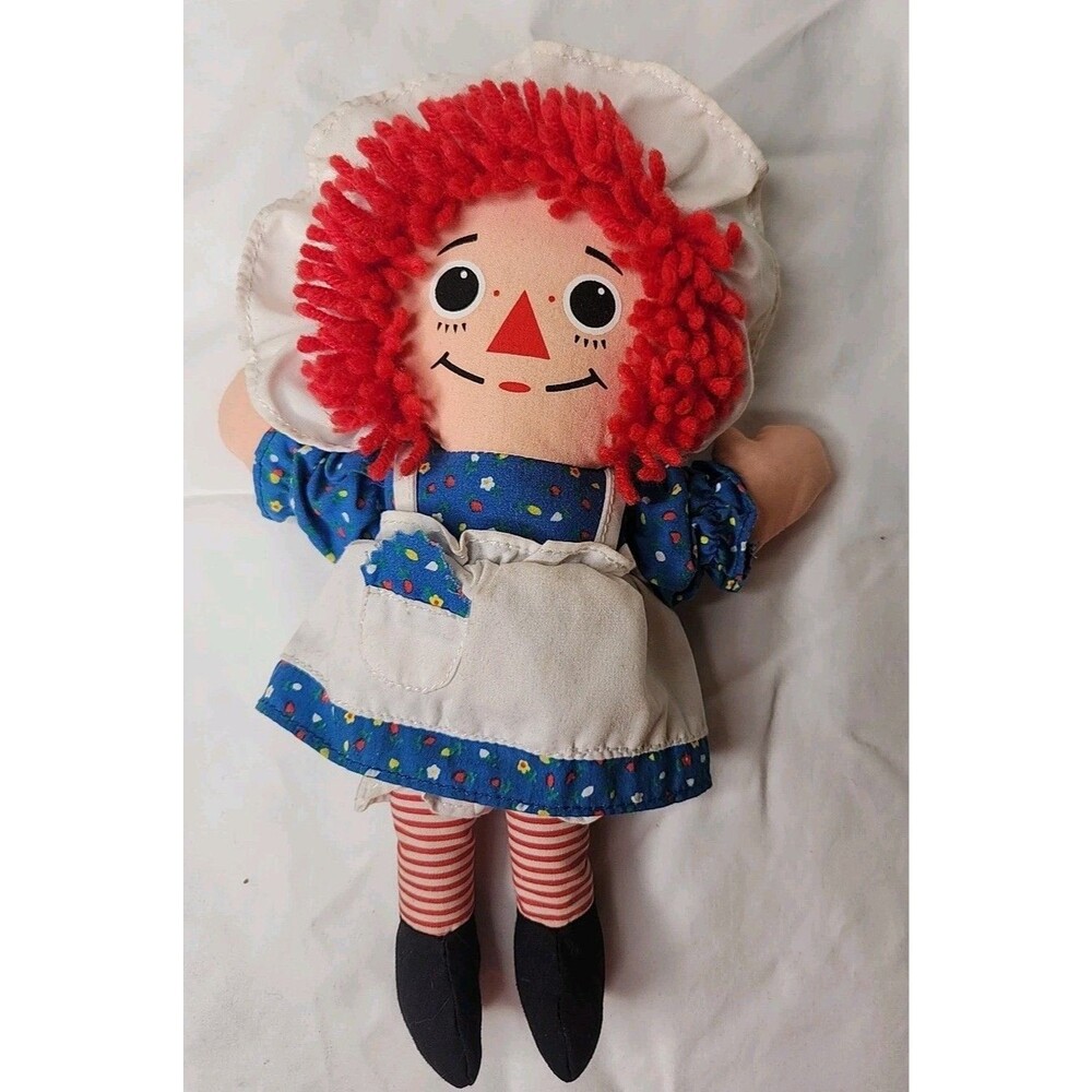 Vtg Playskool Raggedy Ann Doll Blue Floral Dress White Apron Red Yarn Hair 9in